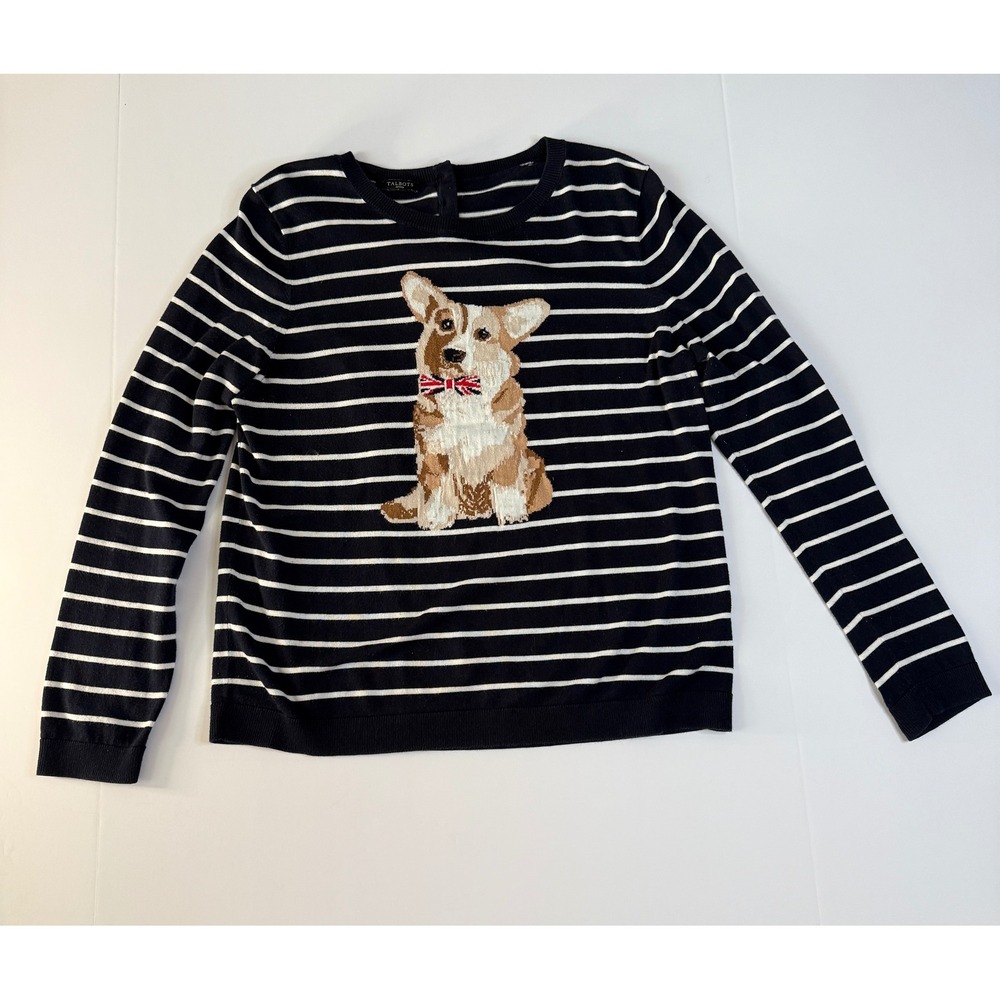 Talbots Petites Navy Striped Corgi Dog Intarsia Sweater Union Jack Bow Tie